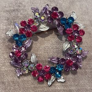 Vintage Purple and Pink Crystal Brooch with Floral Design
